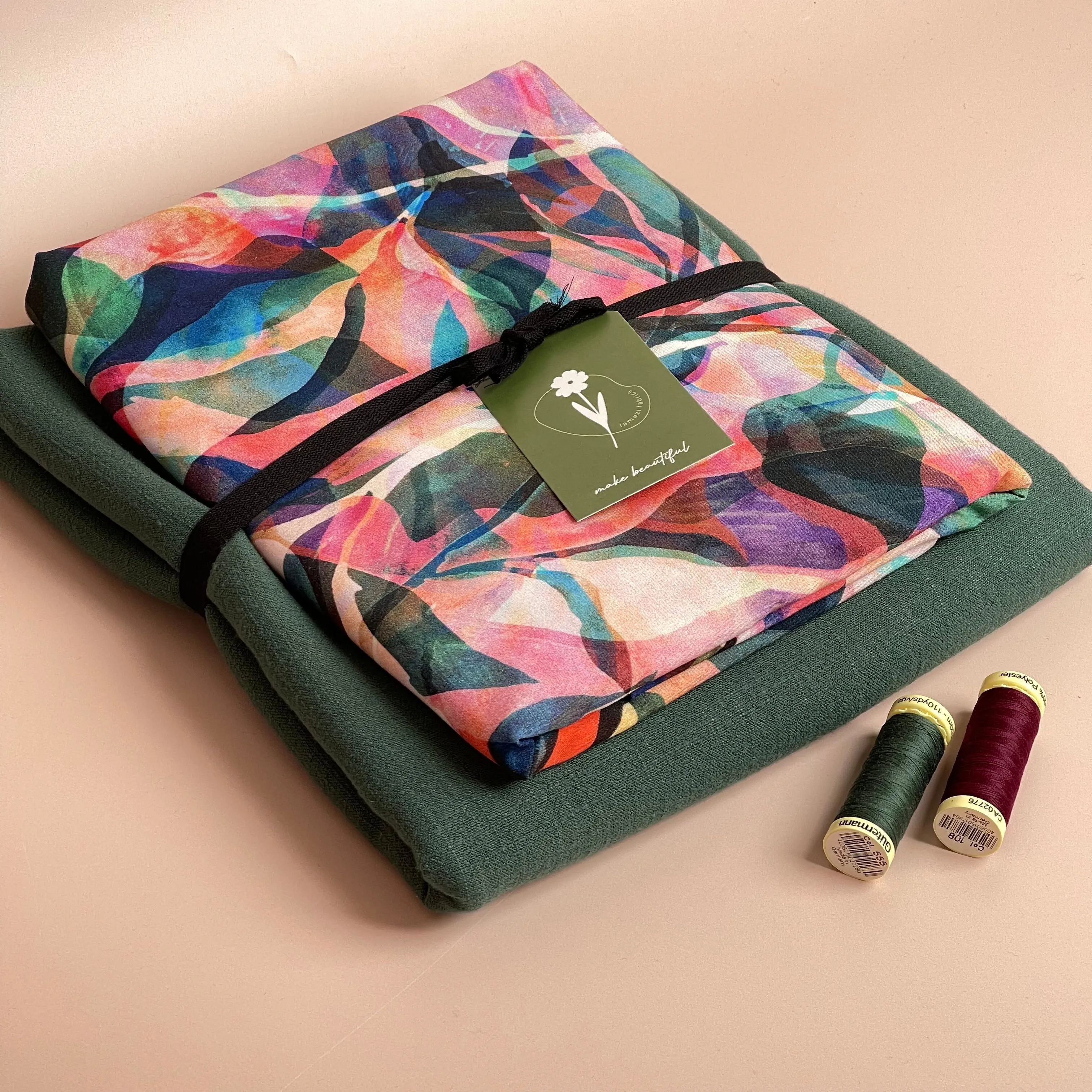 Make an Outfit Colour Bundle - Painted Foliage Forest Viscose with Bottle Green Flow Linen