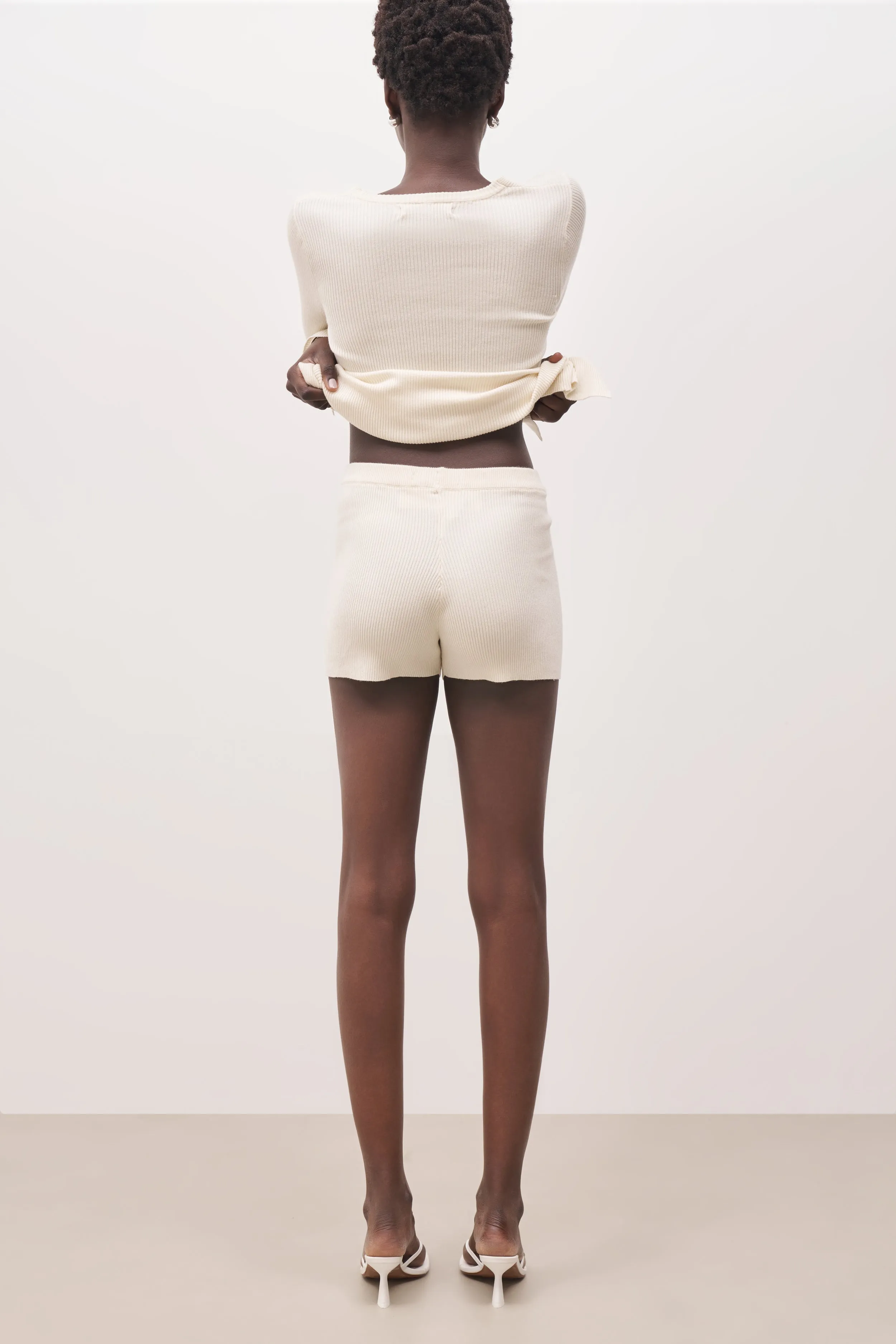 Mid Rise Ribbed Knit Mini Shorts - Cream