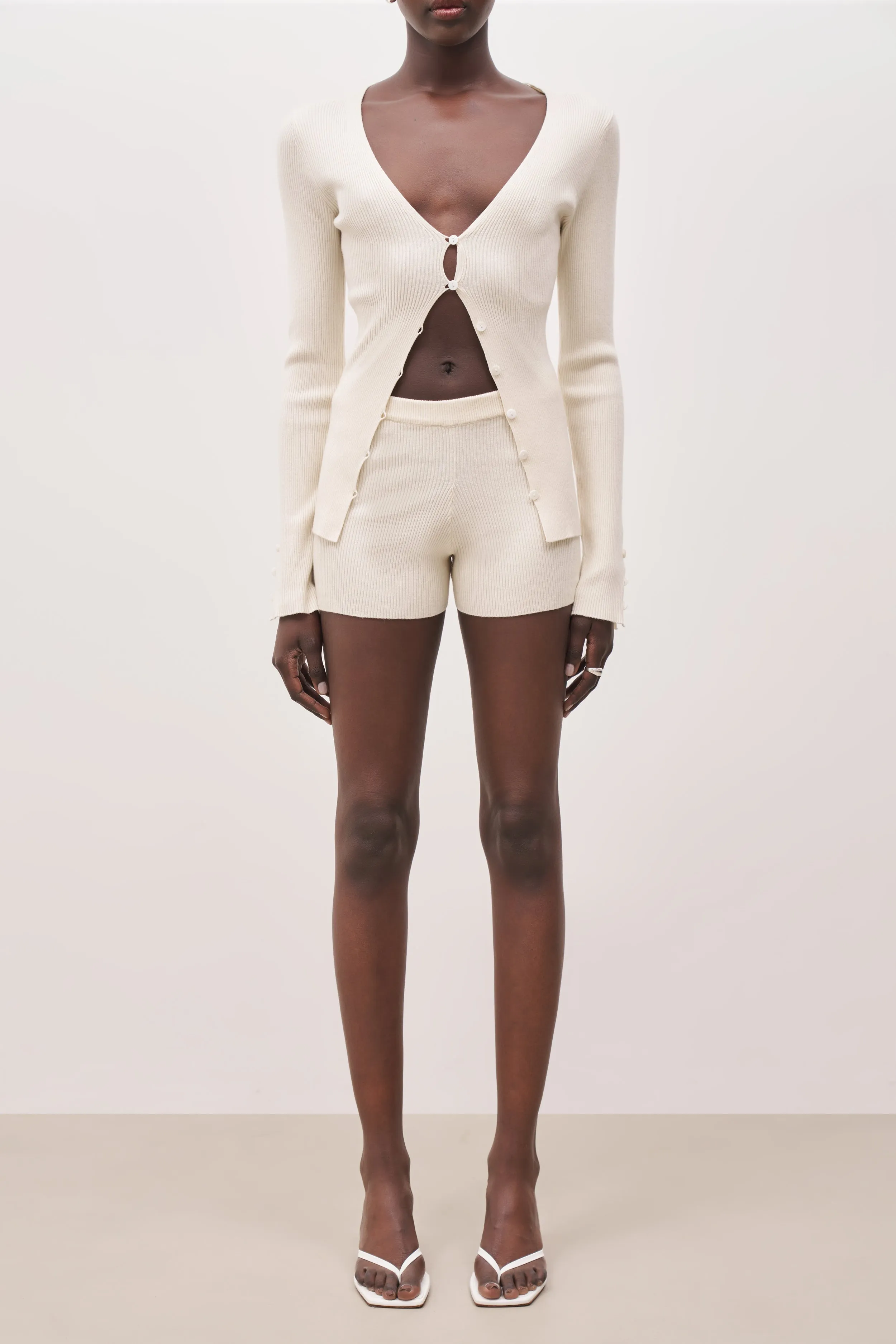 Mid Rise Ribbed Knit Mini Shorts - Cream