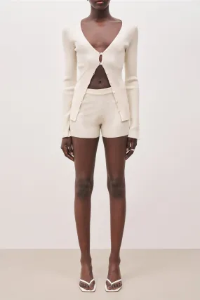 Mid Rise Ribbed Knit Mini Shorts - Cream