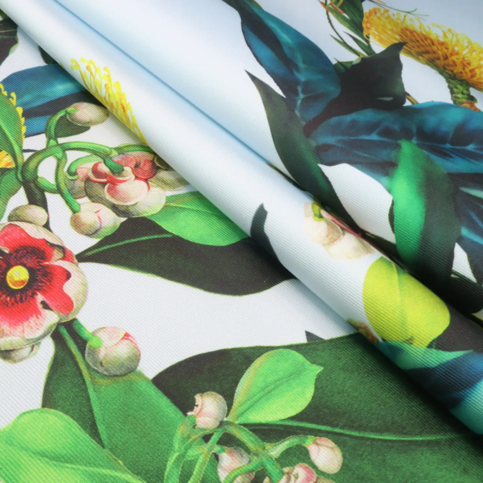 Multicolored Floral on Blue Printed Polyester Mikado Fabric