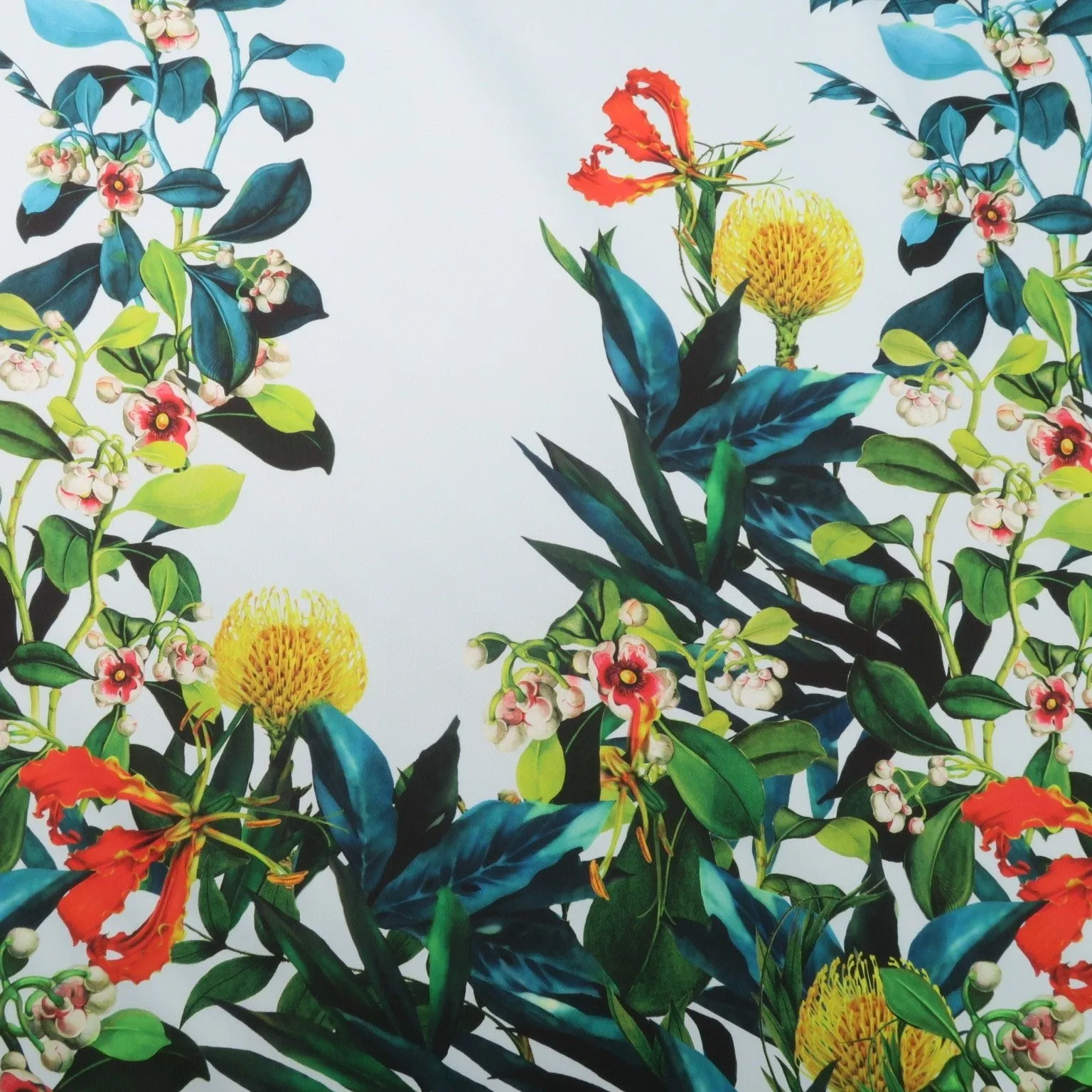 Multicolored Floral on Blue Printed Polyester Mikado Fabric