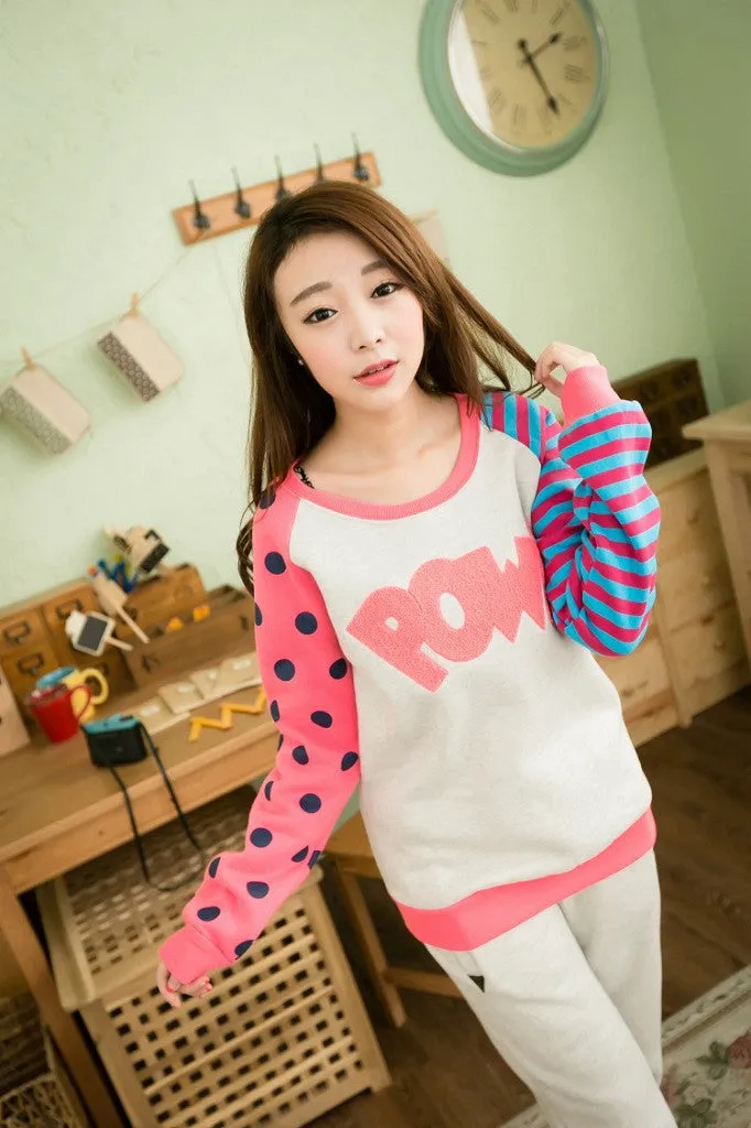 New Casual Women Hoody Flocking Fleece Sweatshirt Dot Stripe Fashion Girls Sport Suit Autumn Hoodies