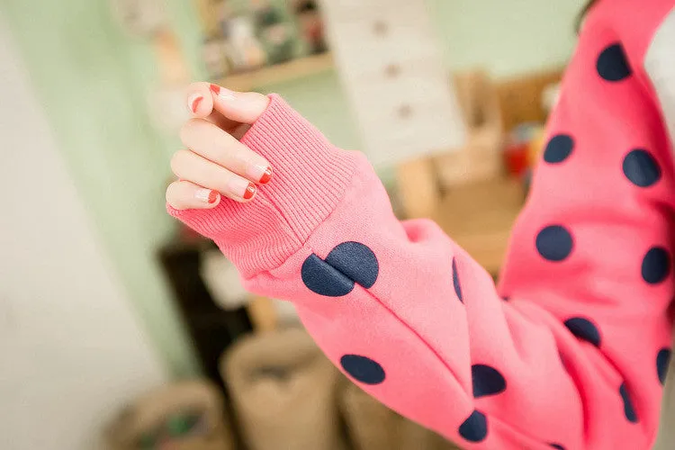 New Casual Women Hoody Flocking Fleece Sweatshirt Dot Stripe Fashion Girls Sport Suit Autumn Hoodies