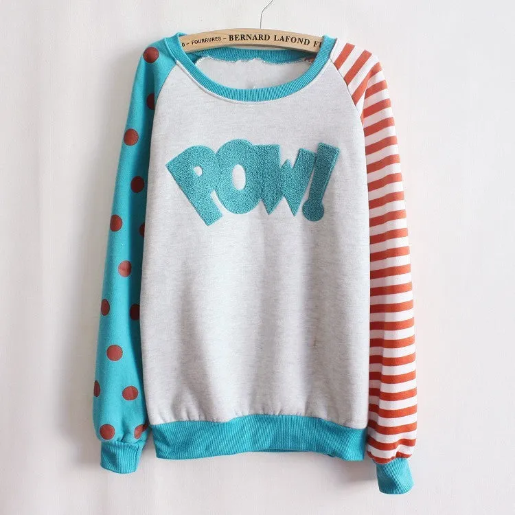 New Casual Women Hoody Flocking Fleece Sweatshirt Dot Stripe Fashion Girls Sport Suit Autumn Hoodies