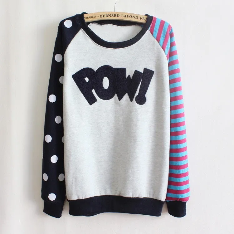 New Casual Women Hoody Flocking Fleece Sweatshirt Dot Stripe Fashion Girls Sport Suit Autumn Hoodies