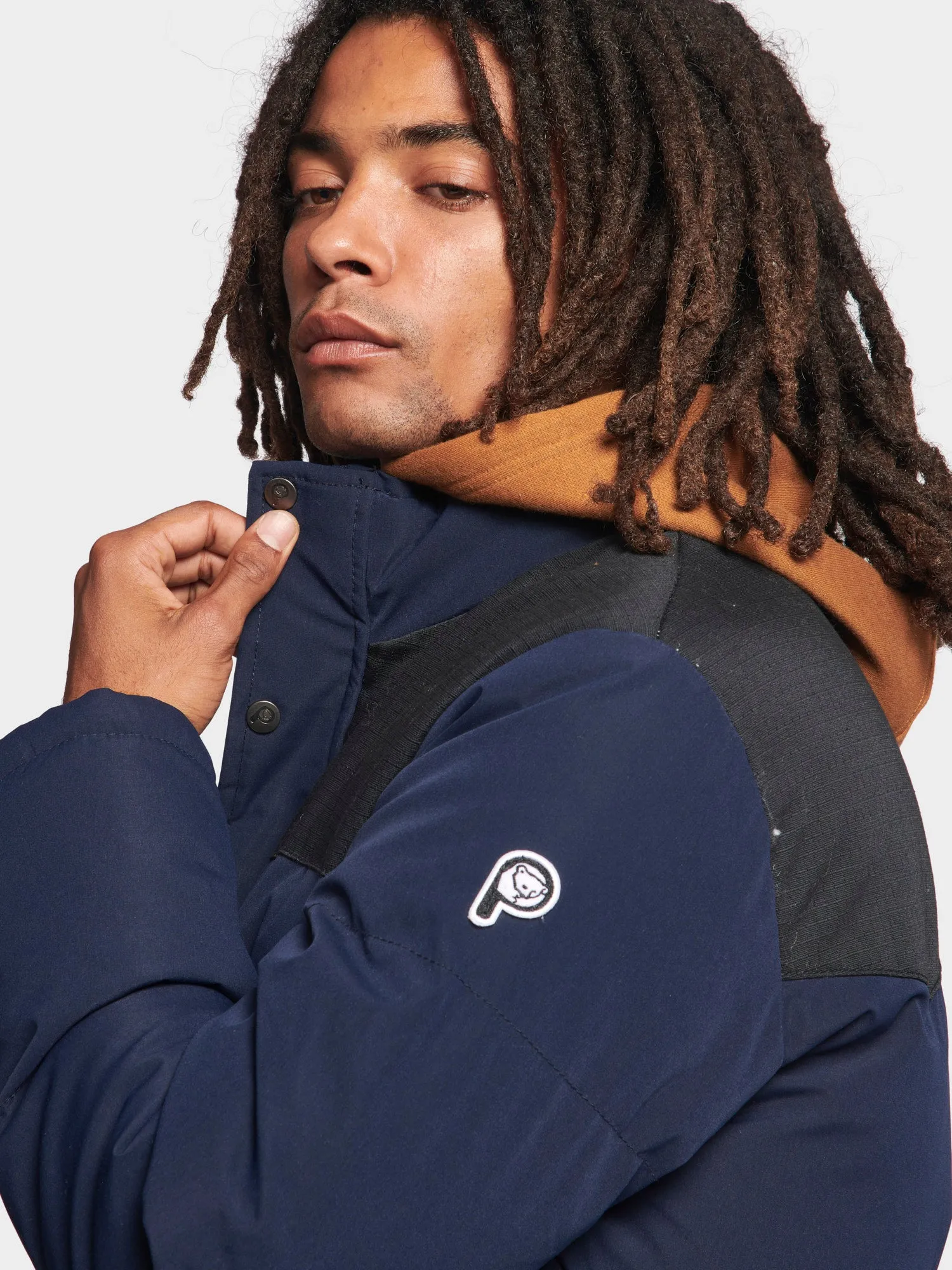 P Bear Cut   Sew Funnel Neck Puffer Jacket in Navy Blue