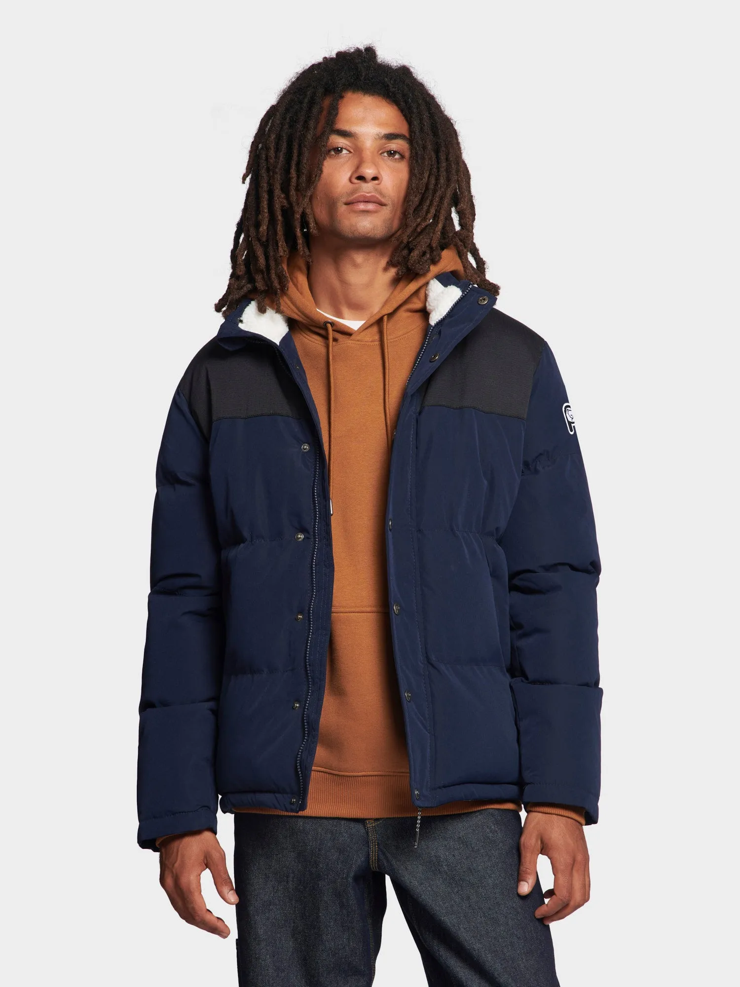 P Bear Cut   Sew Funnel Neck Puffer Jacket in Navy Blue