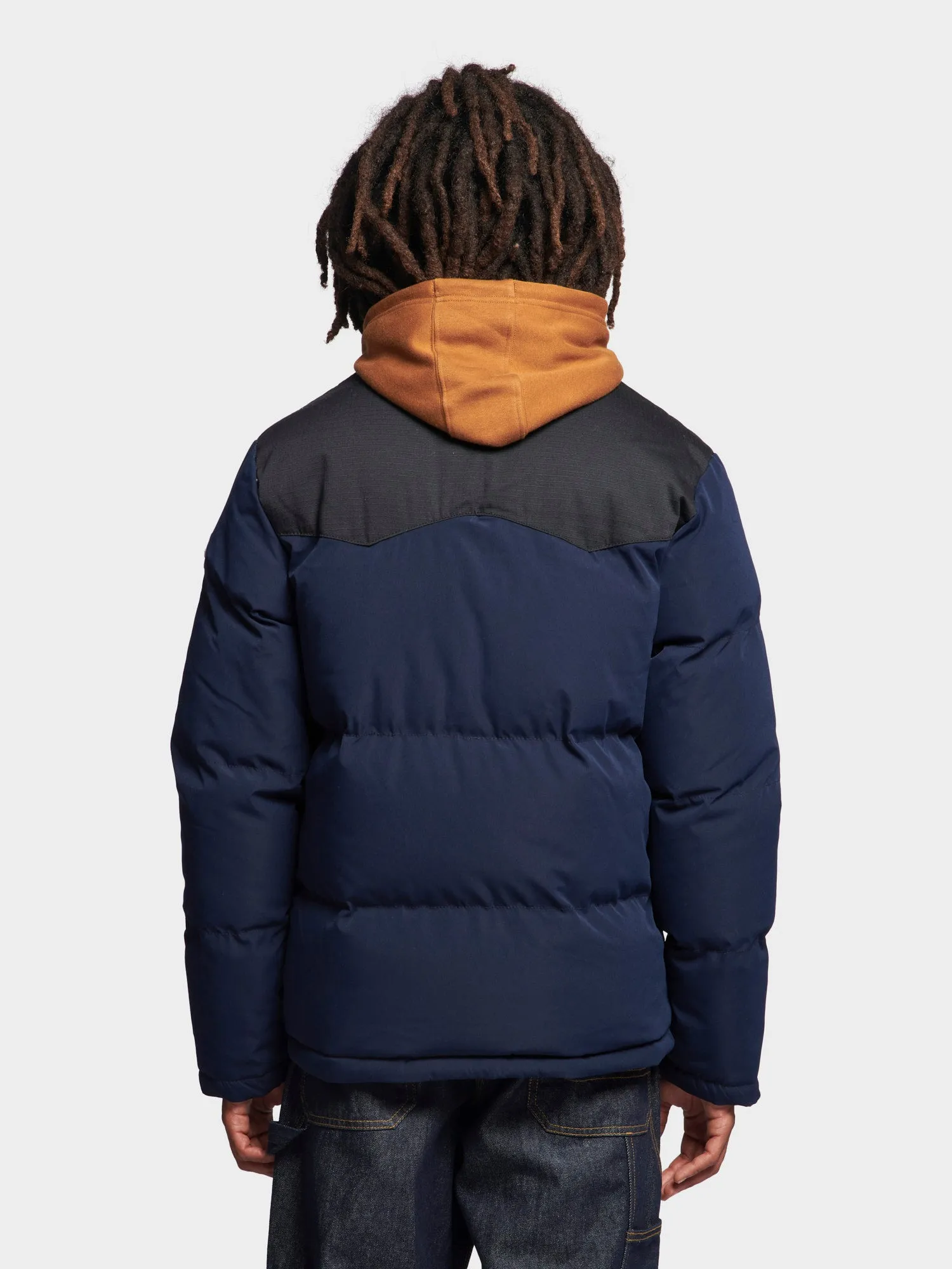 P Bear Cut   Sew Funnel Neck Puffer Jacket in Navy Blue