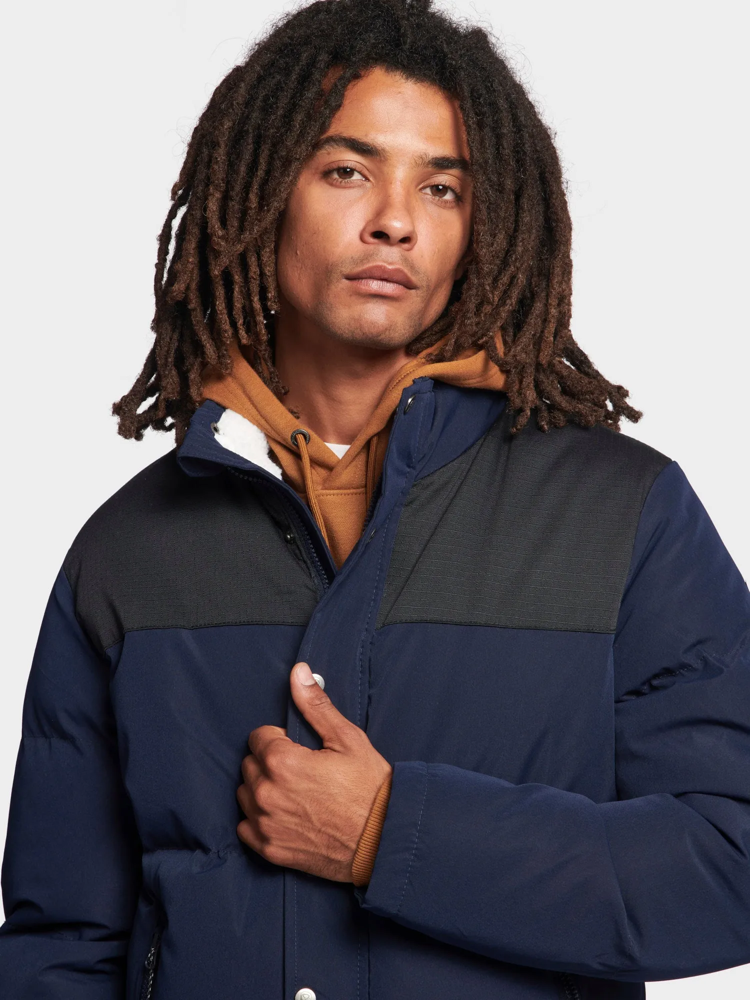 P Bear Cut   Sew Funnel Neck Puffer Jacket in Navy Blue