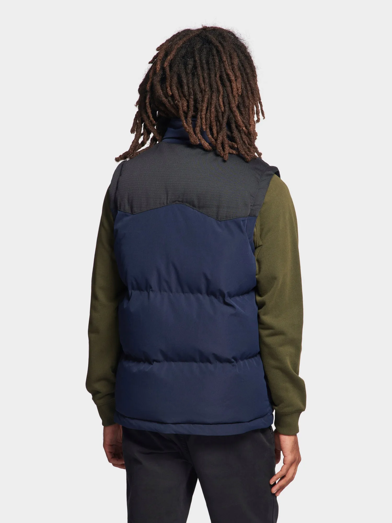 P Bear Cut   Sew Funnel Neck Puffer Vest in Navy Blue