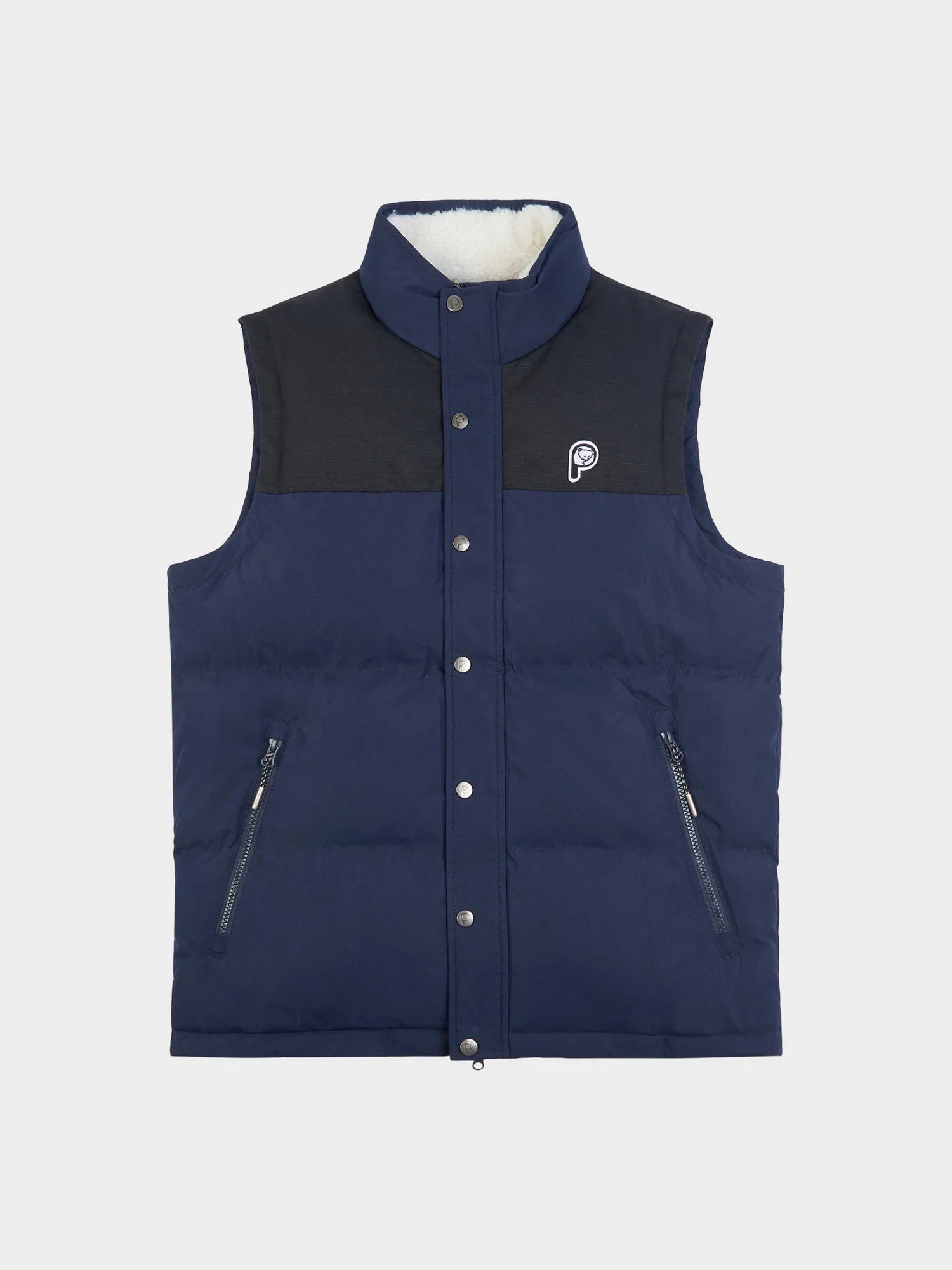 P Bear Cut   Sew Funnel Neck Puffer Vest in Navy Blue