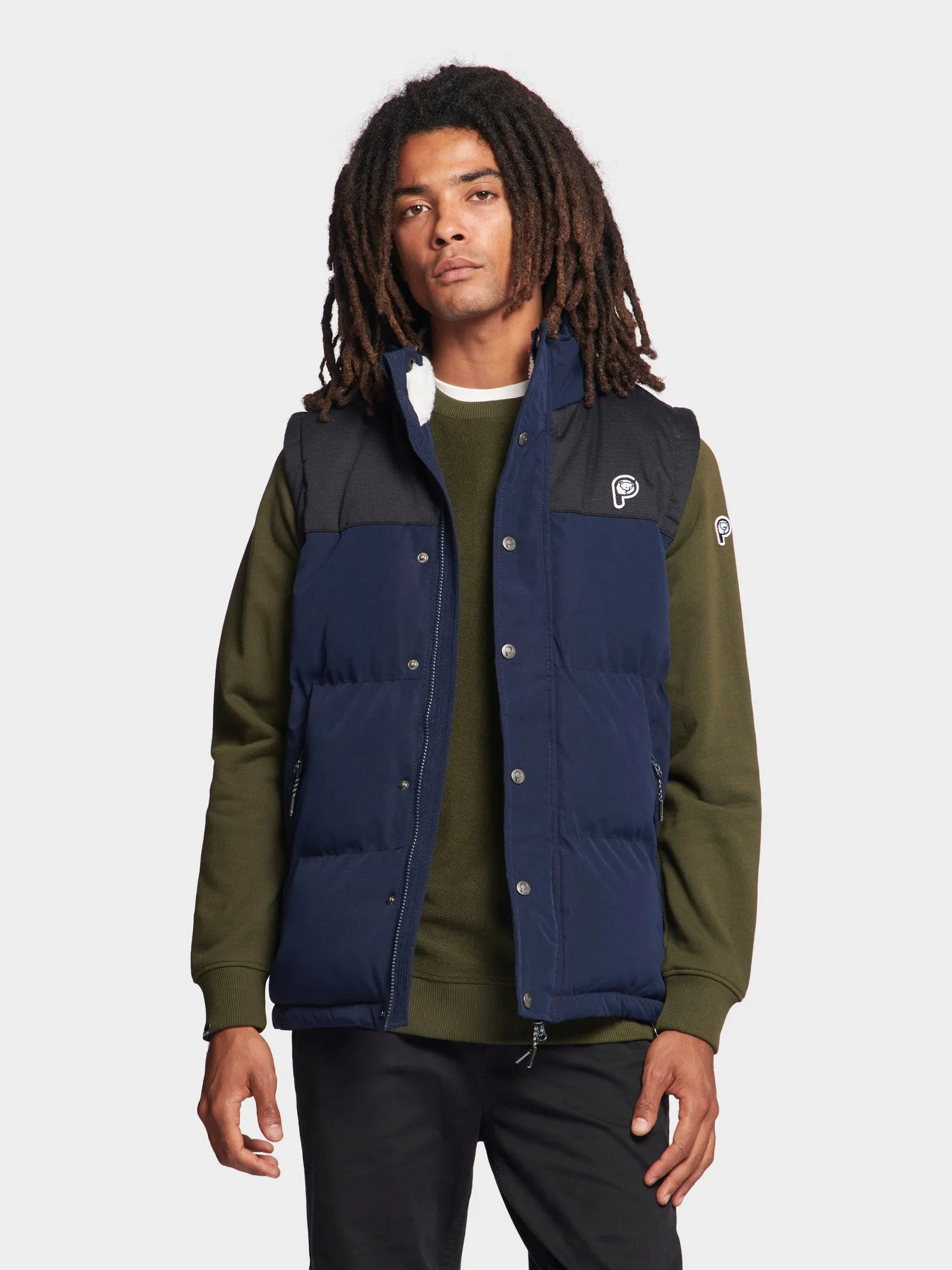 P Bear Cut   Sew Funnel Neck Puffer Vest in Navy Blue