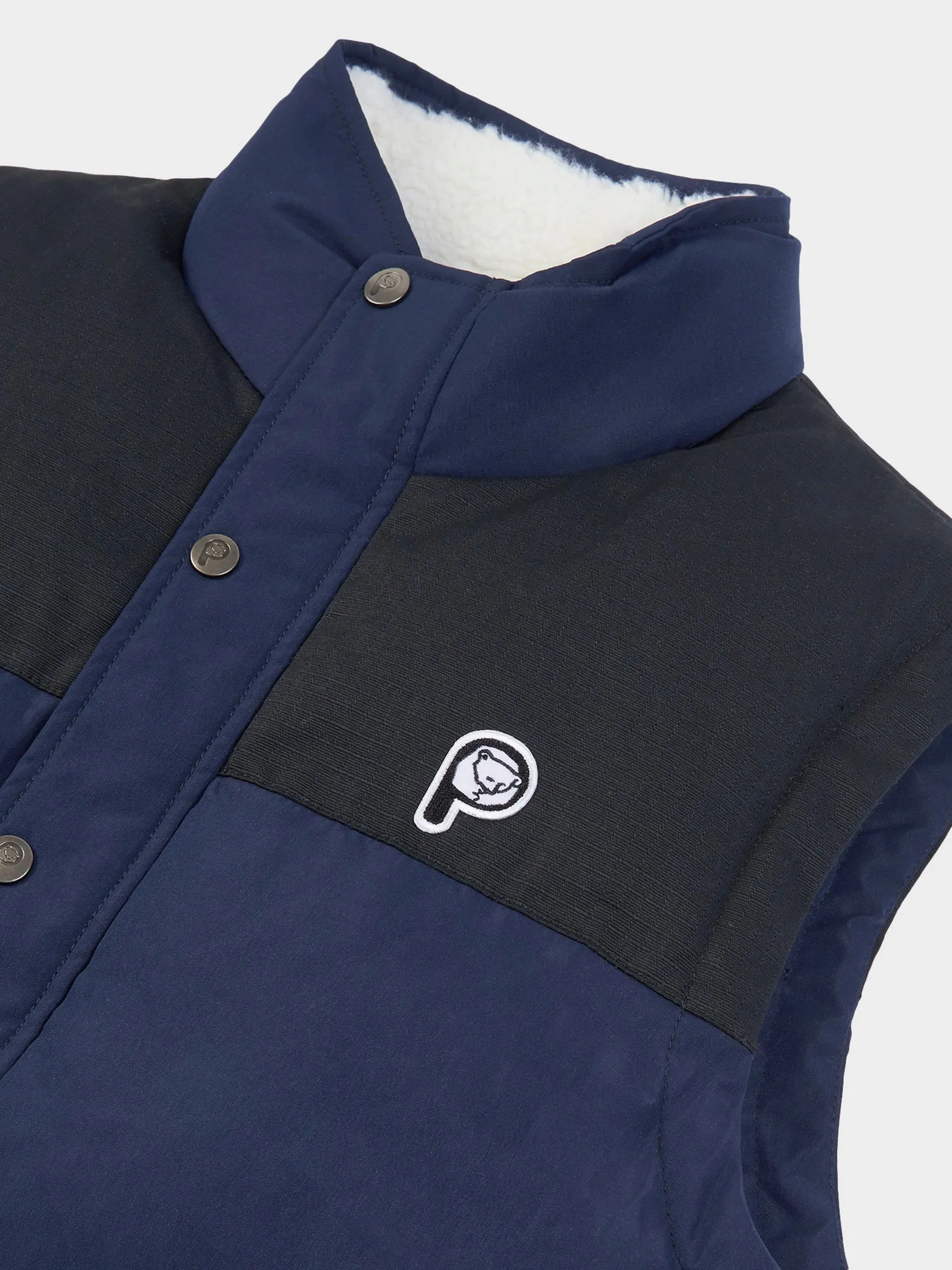 P Bear Cut   Sew Funnel Neck Puffer Vest in Navy Blue