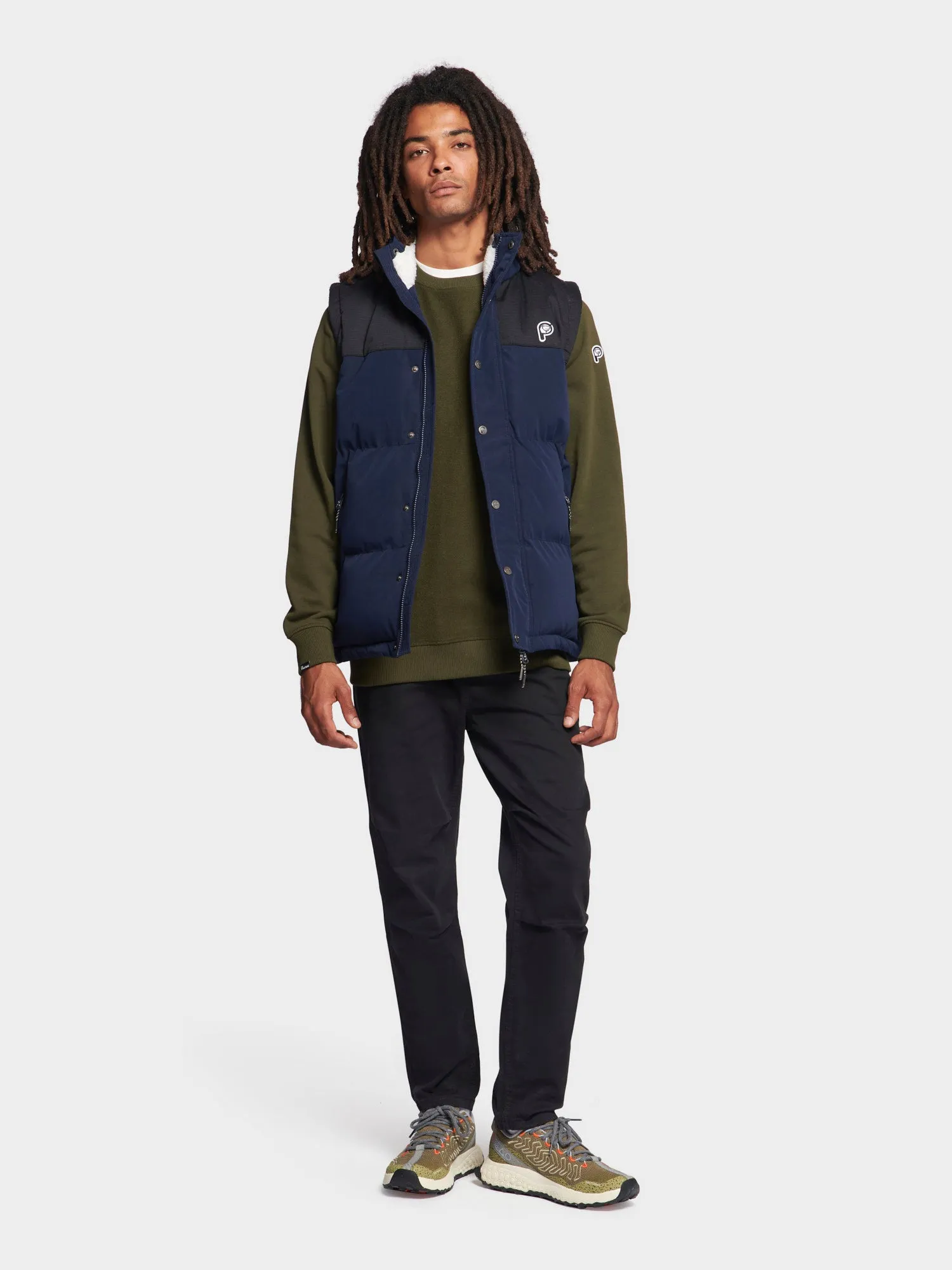 P Bear Cut   Sew Funnel Neck Puffer Vest in Navy Blue