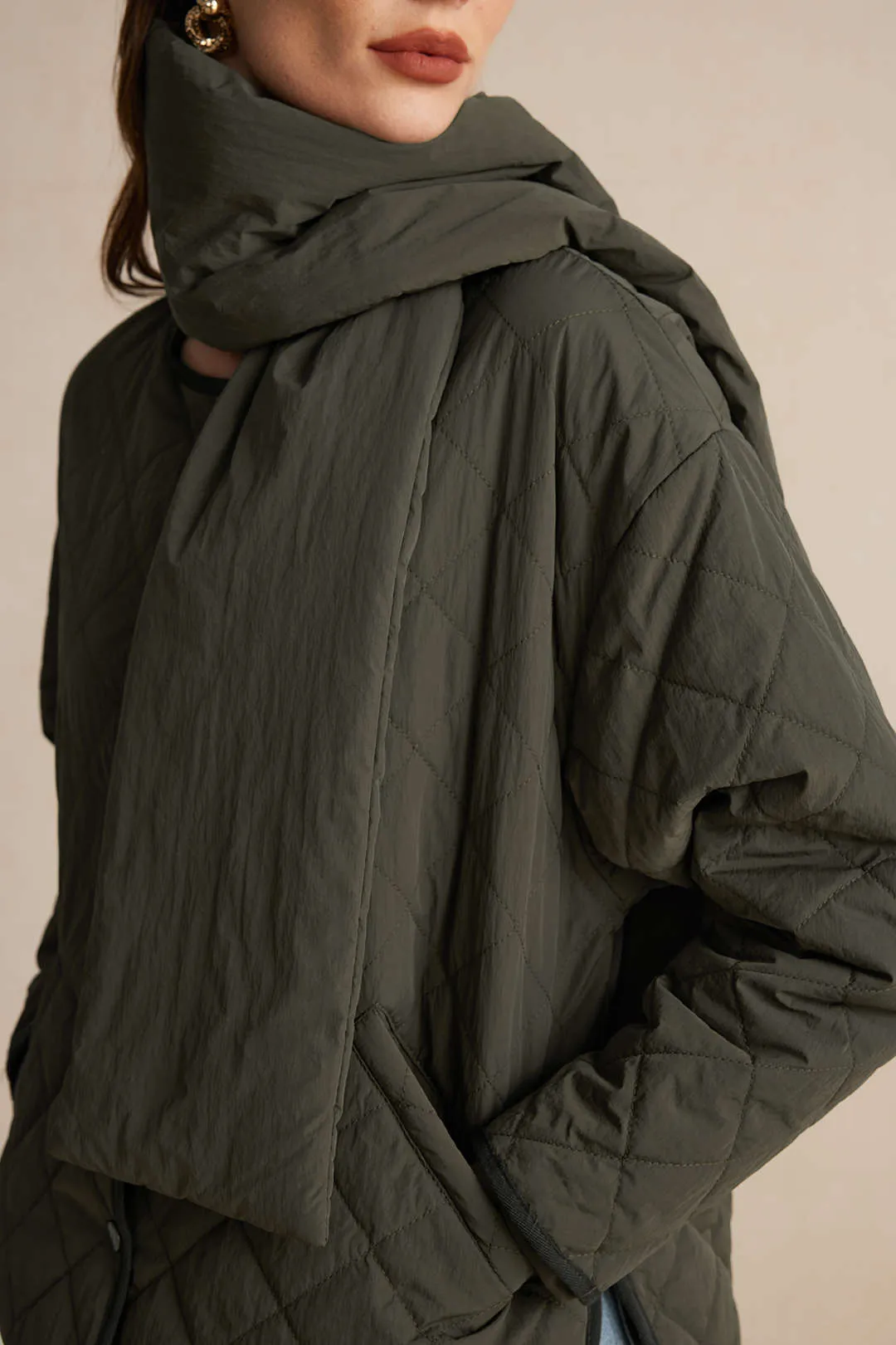 Padded Button Puffer With Scarf