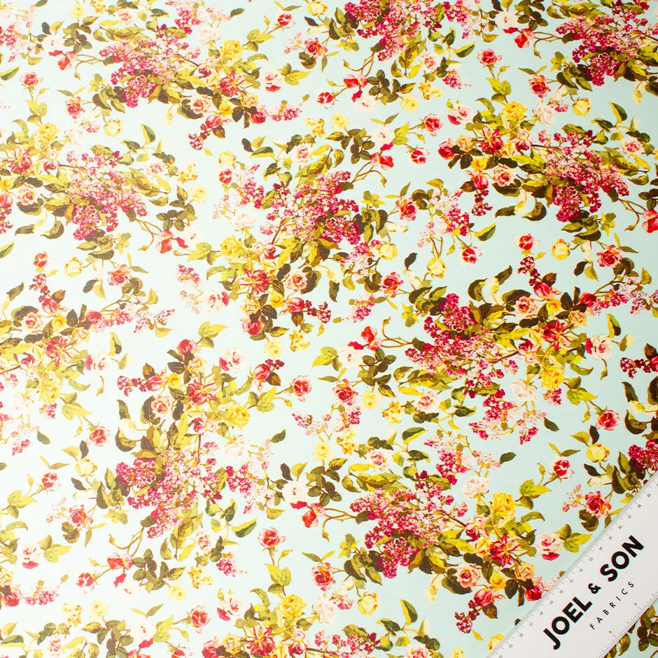 Pink & Yellow Rose Printed Aqua Silk Grosgrain Faille