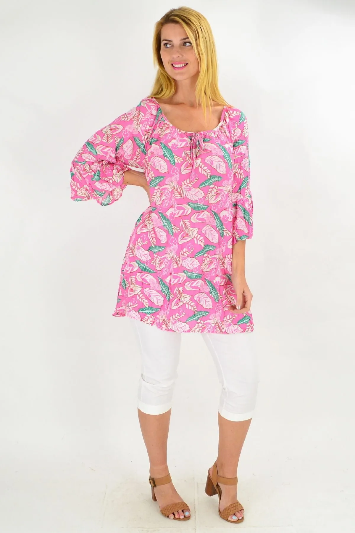Pink Floaty Leaf Crinkle Tunic Top