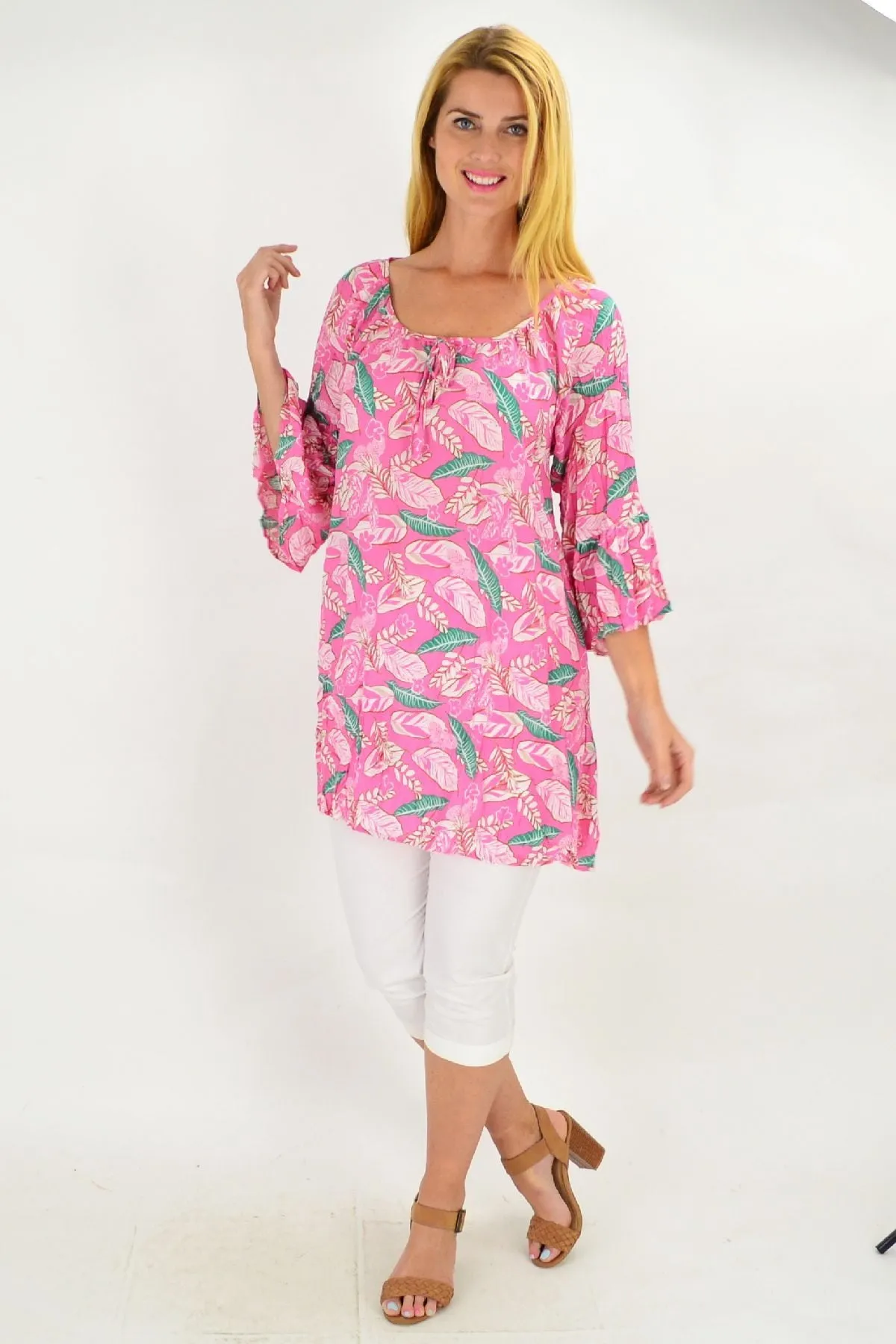 Pink Floaty Leaf Crinkle Tunic Top
