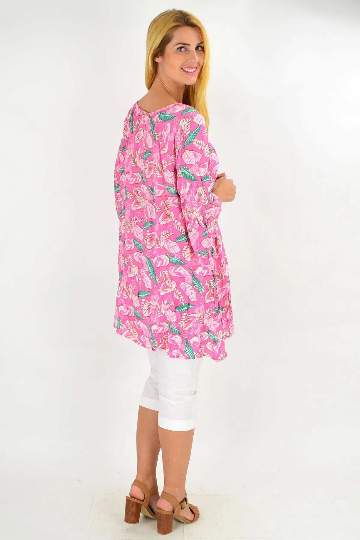 Pink Floaty Leaf Crinkle Tunic Top