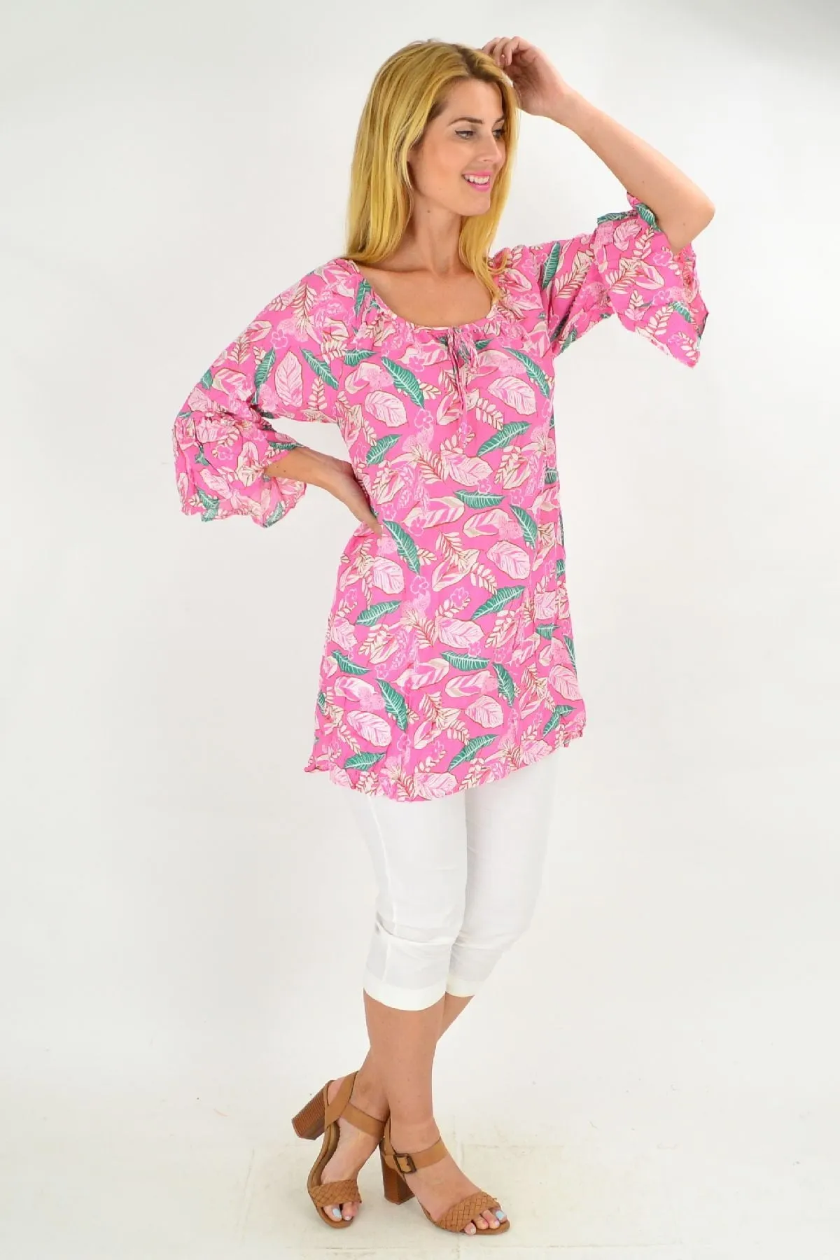 Pink Floaty Leaf Crinkle Tunic Top