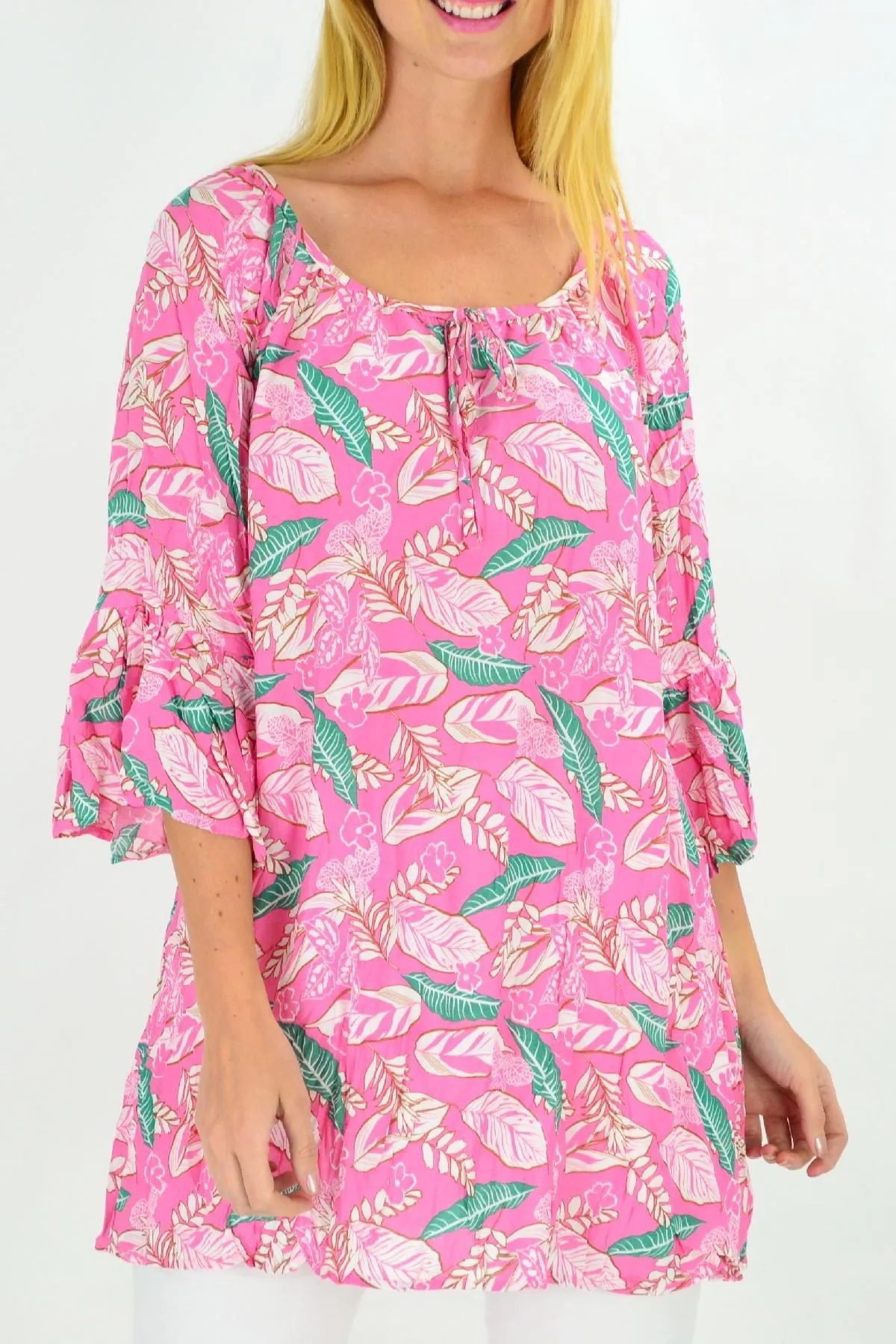 Pink Floaty Leaf Crinkle Tunic Top