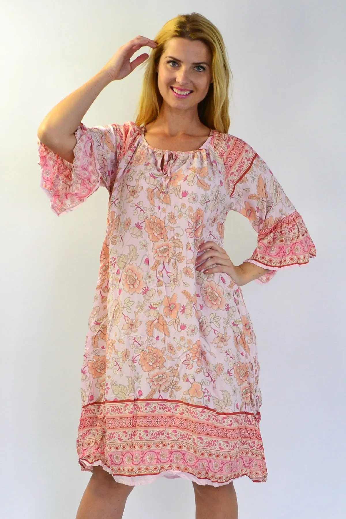 Pink Floral Crinkle Tunic Dress