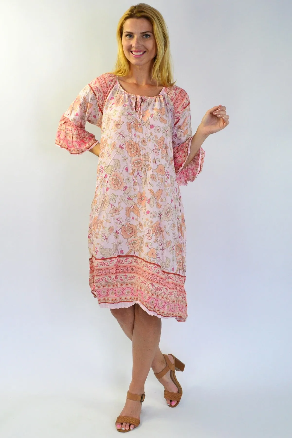 Pink Floral Crinkle Tunic Dress
