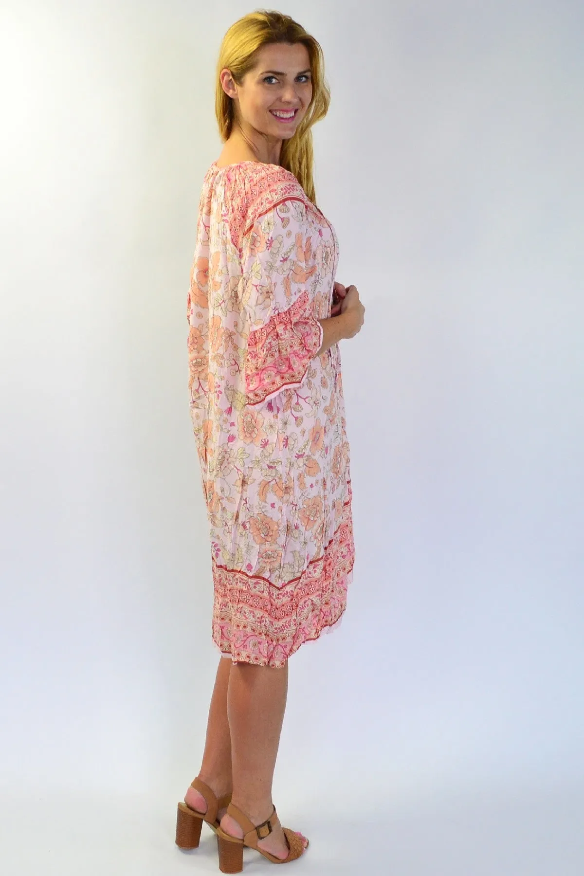 Pink Floral Crinkle Tunic Dress