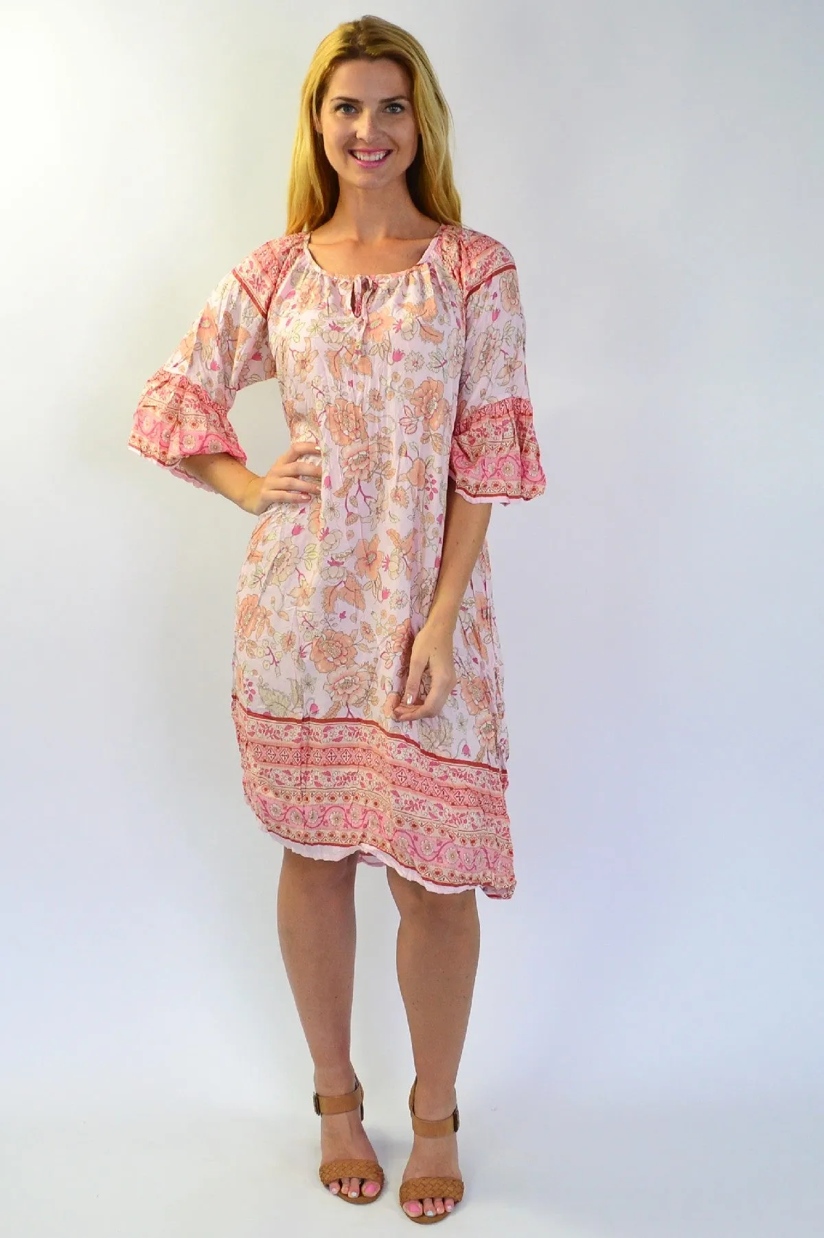 Pink Floral Crinkle Tunic Dress