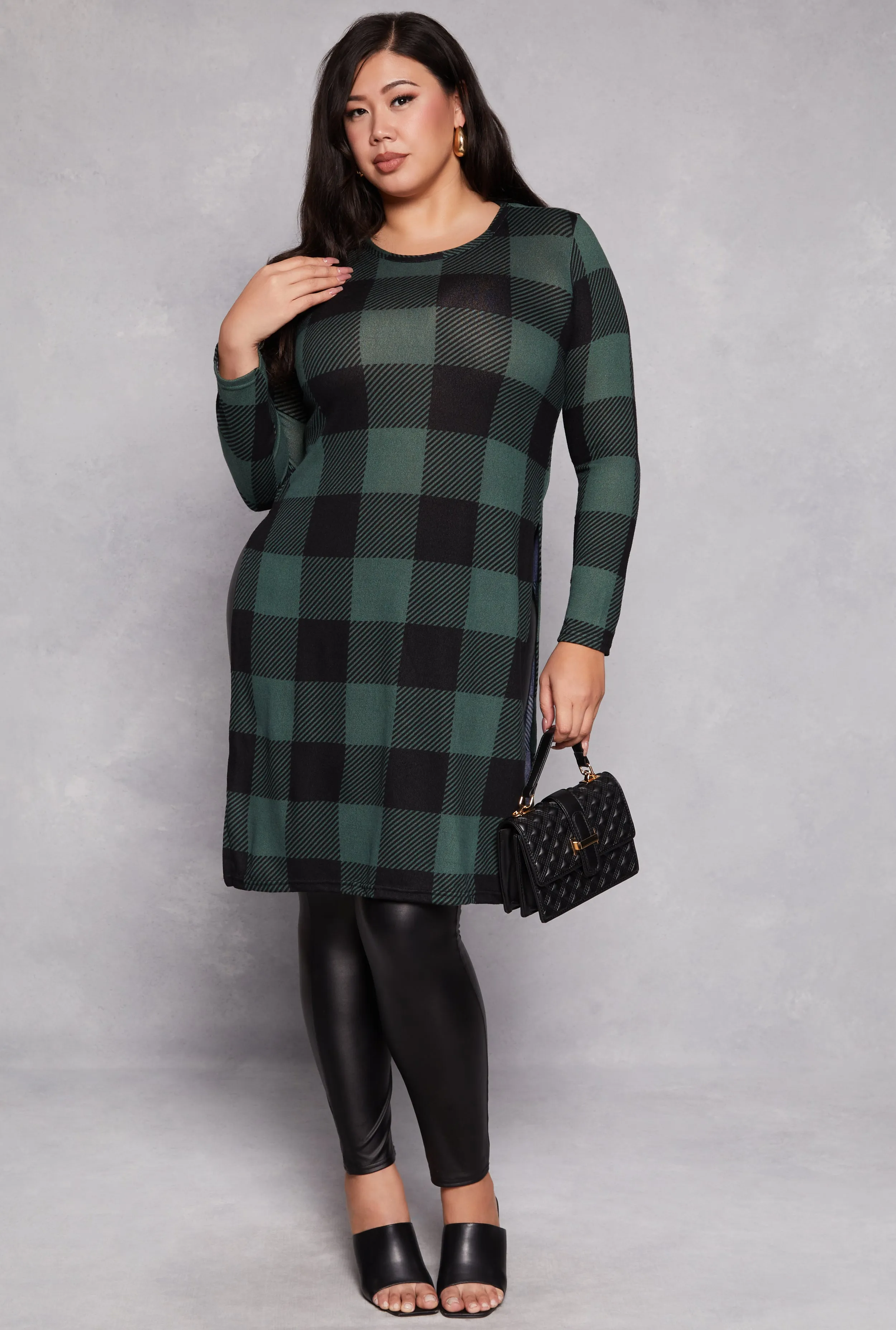 Plus Size Buffalo Plaid Side Slit Tunic Top
