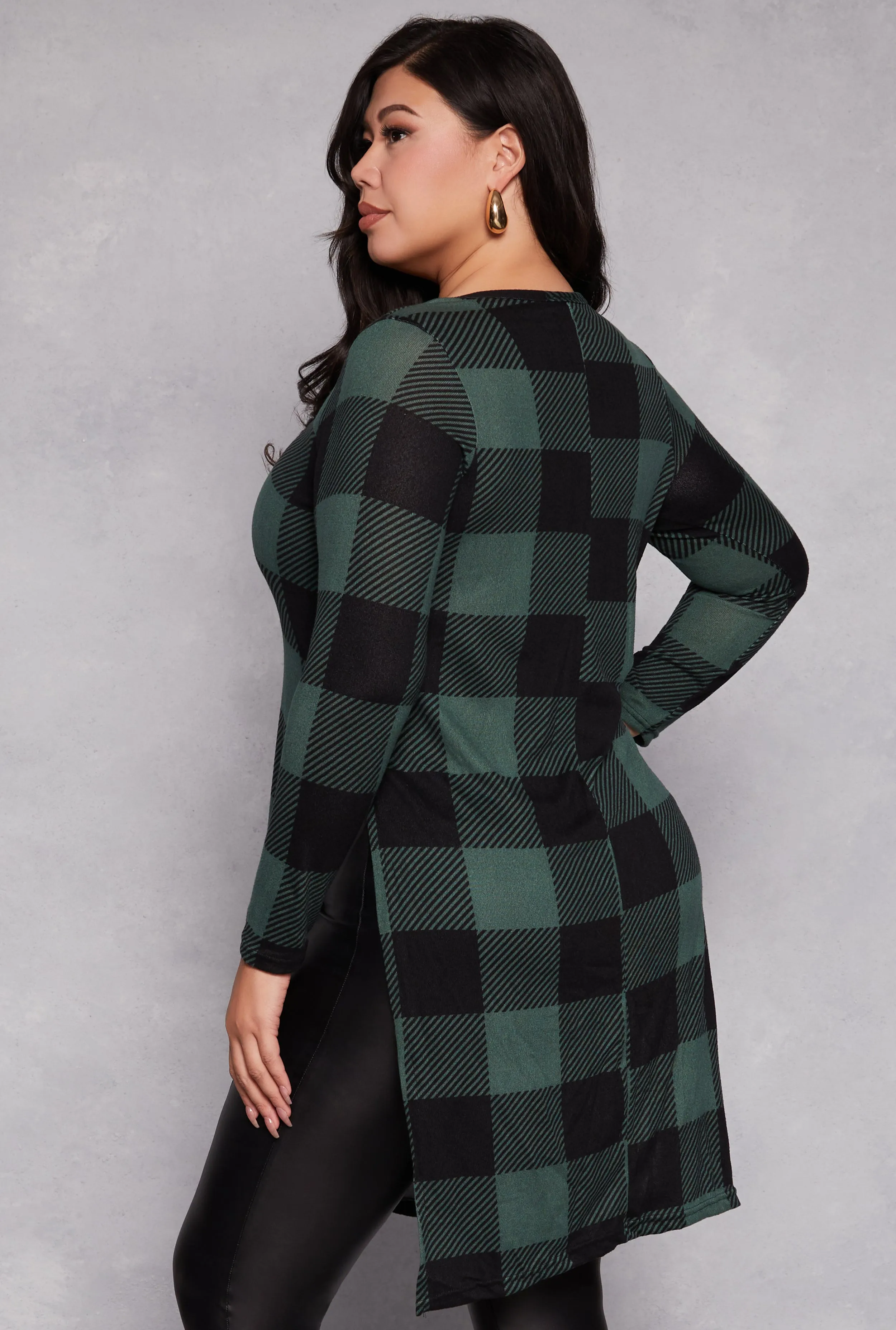 Plus Size Buffalo Plaid Side Slit Tunic Top