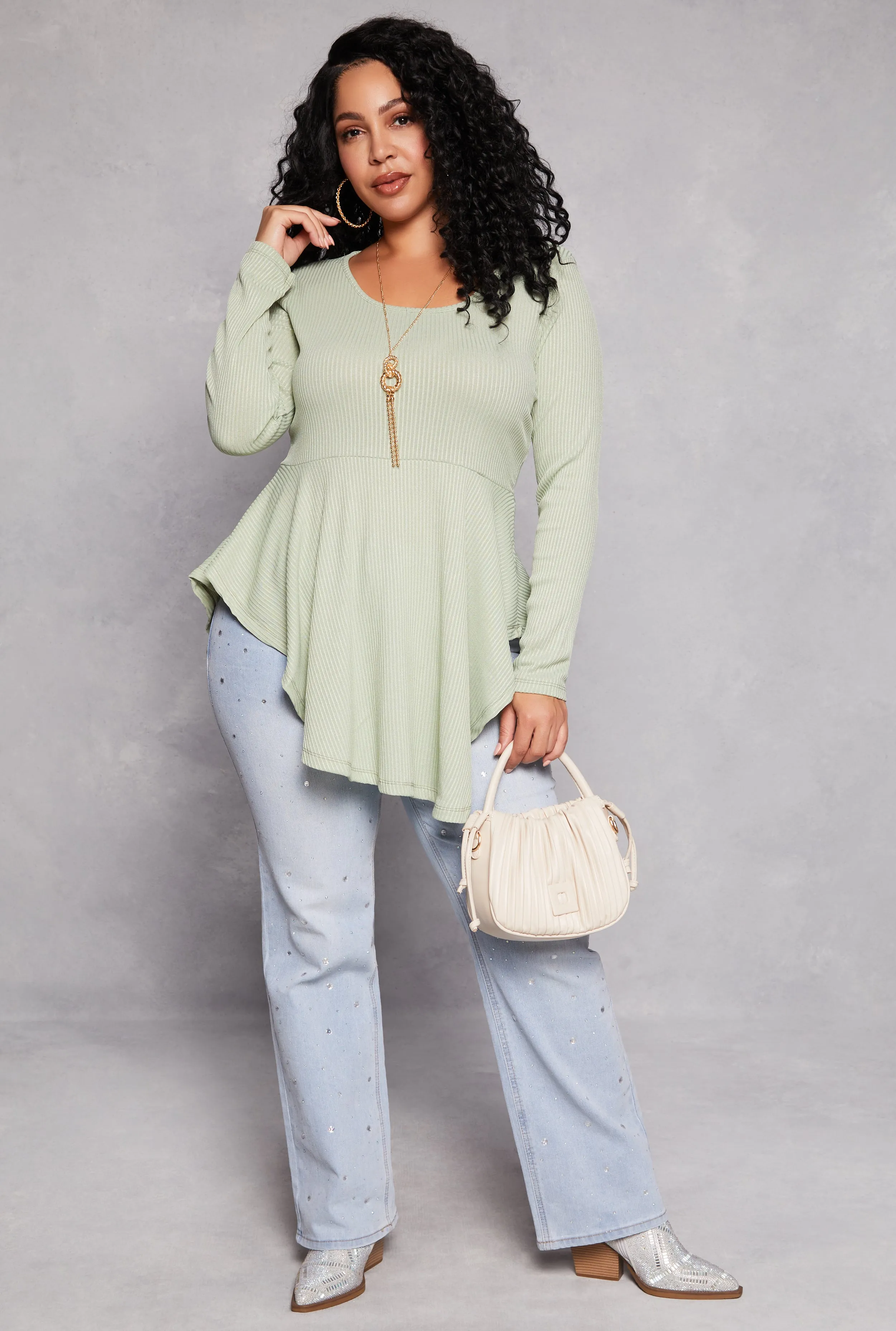 Plus Size Ribbed Knit Peplum Top with Necklace