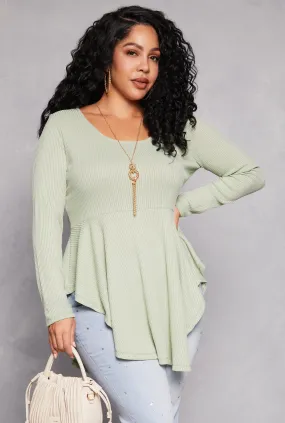 Plus Size Ribbed Knit Peplum Top with Necklace