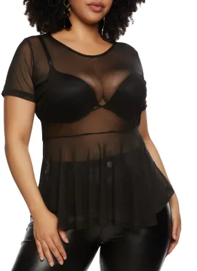 Plus Size Sheer Mesh Short Sleeve Peplum Top