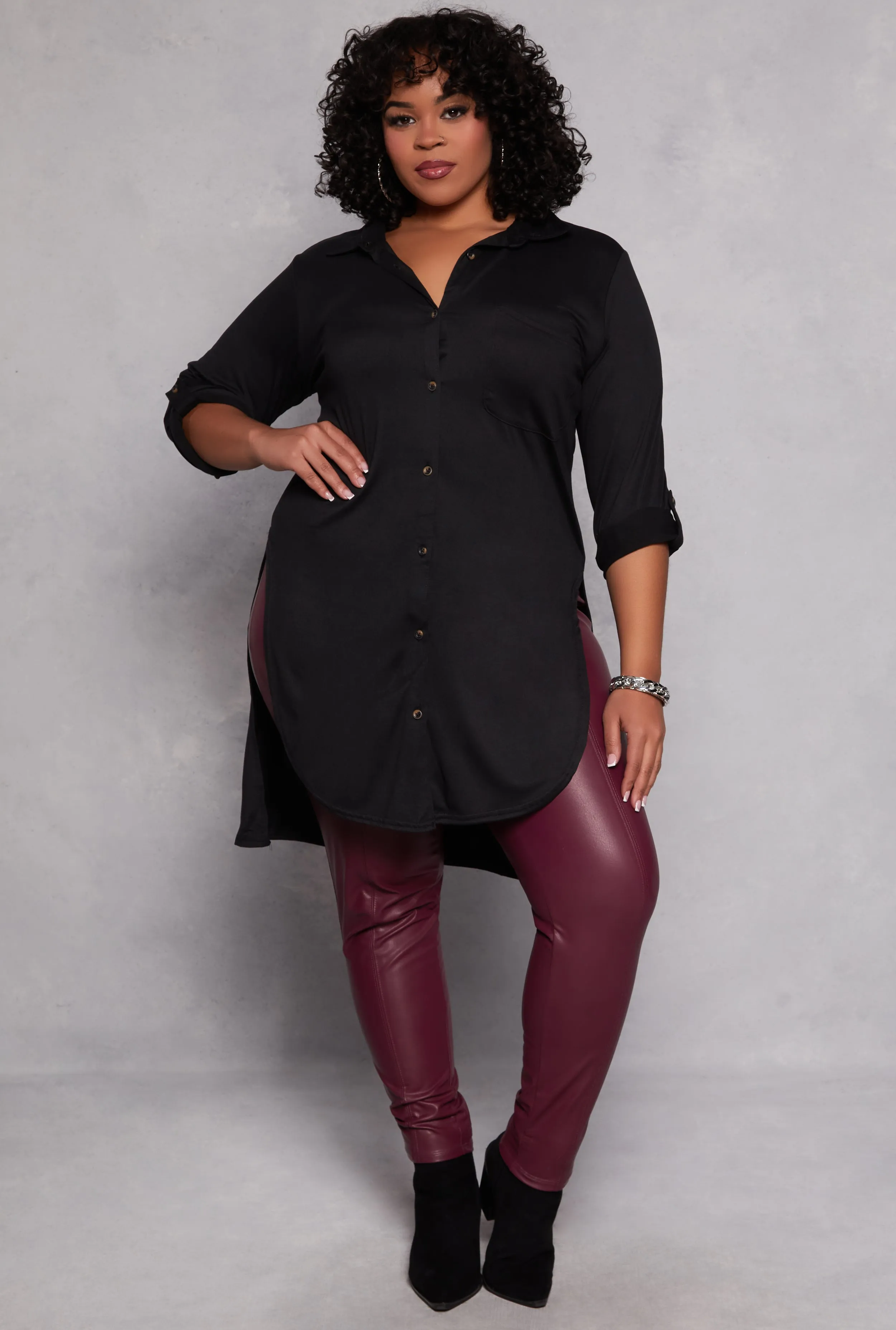 Plus Size Tie Button Front Tunic Top