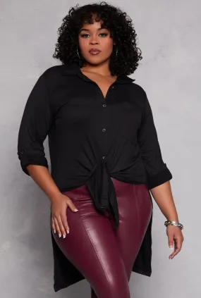 Plus Size Tie Button Front Tunic Top