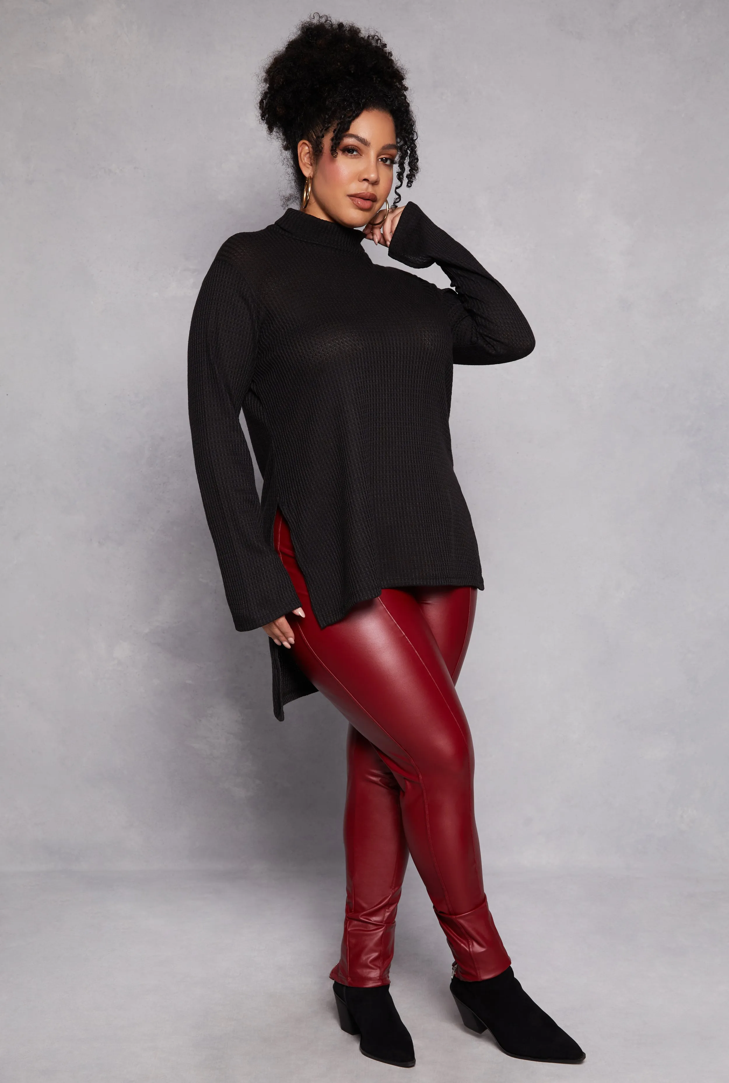 Plus Size Waffle Knit Turtleneck Tunic Top