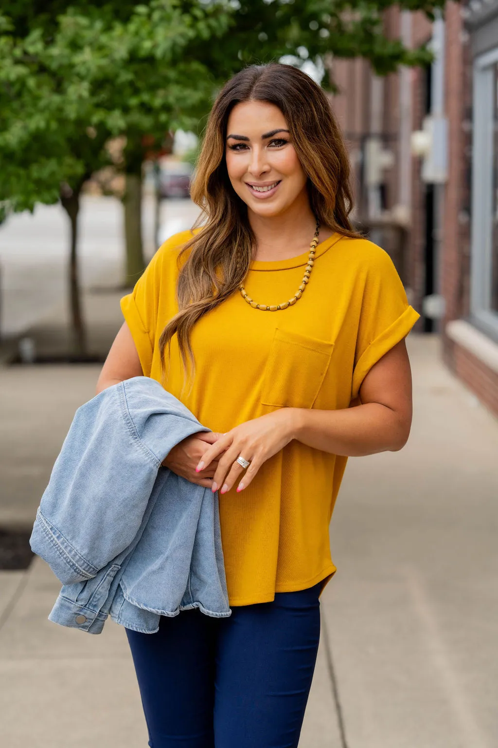 Pocket Accented Cuffed Sleeve Tee