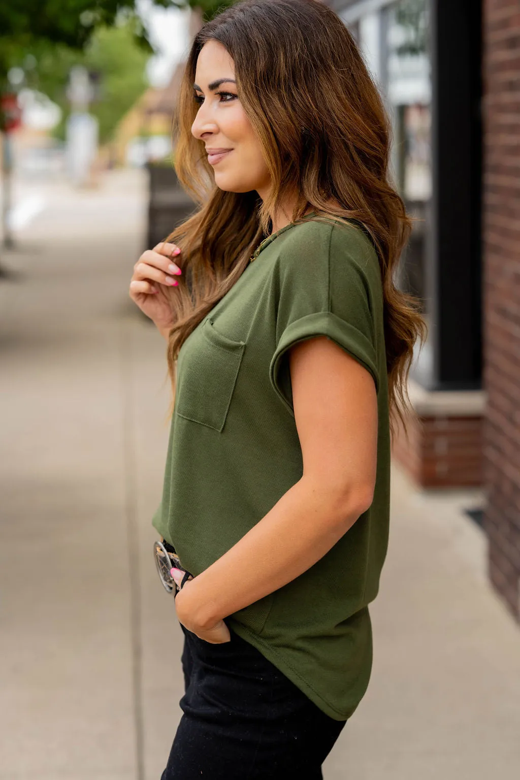 Pocket Accented Cuffed Sleeve Tee
