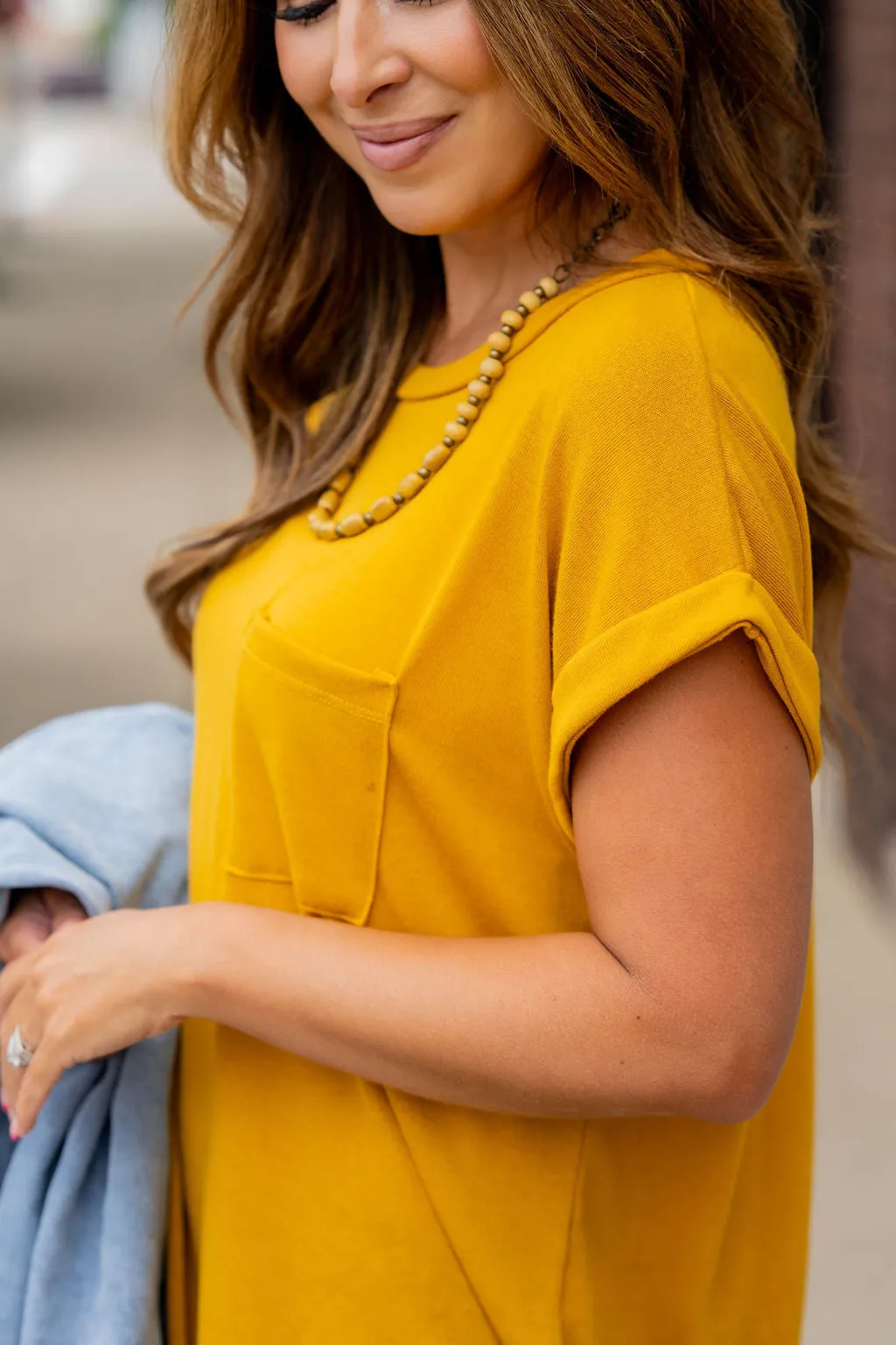 Pocket Accented Cuffed Sleeve Tee