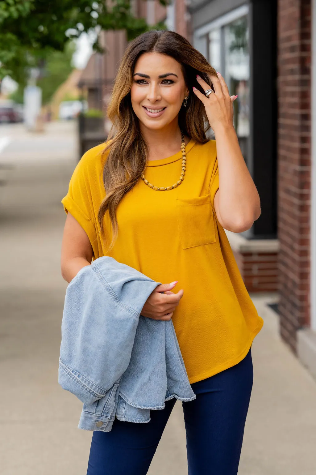 Pocket Accented Cuffed Sleeve Tee