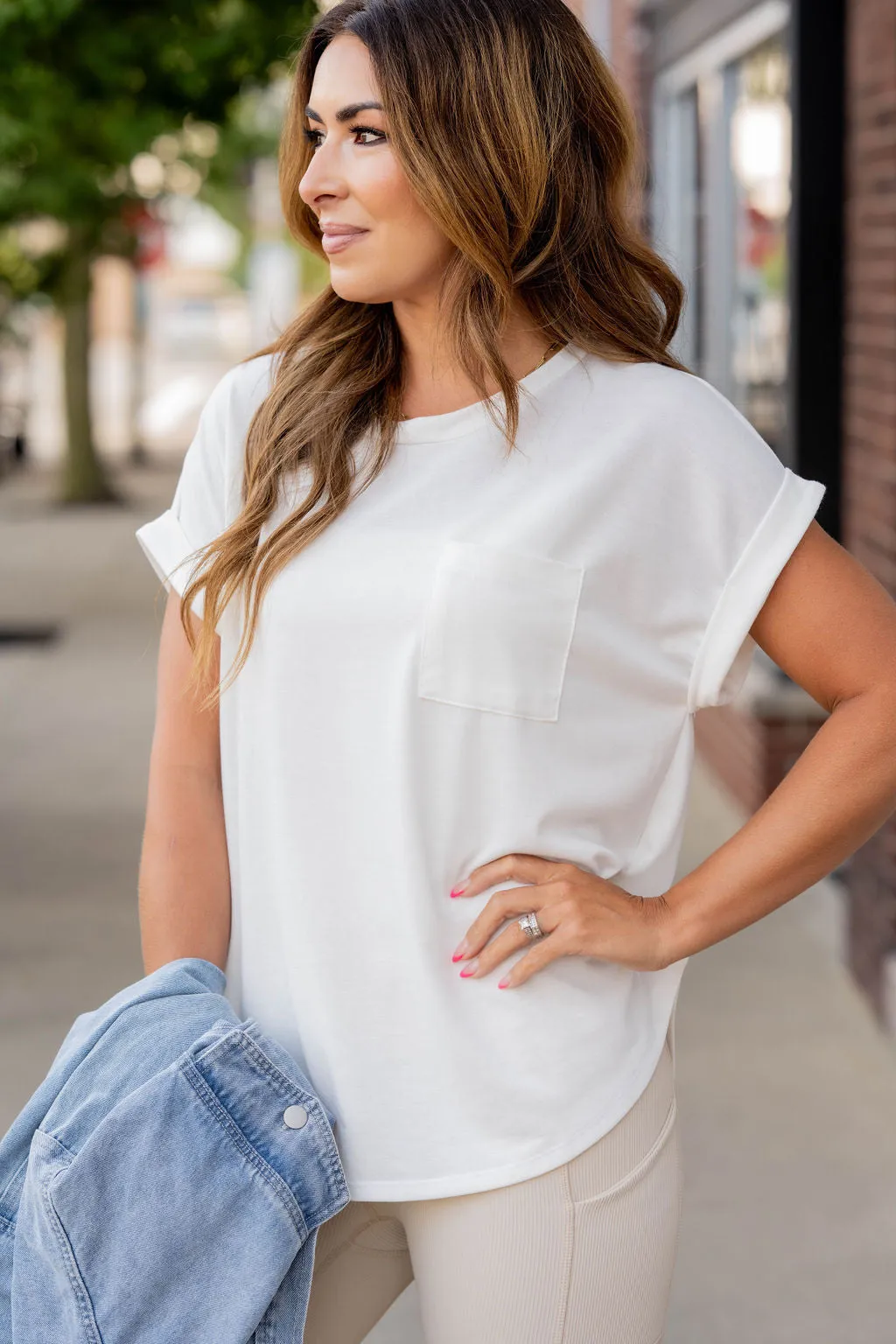 Pocket Accented Cuffed Sleeve Tee