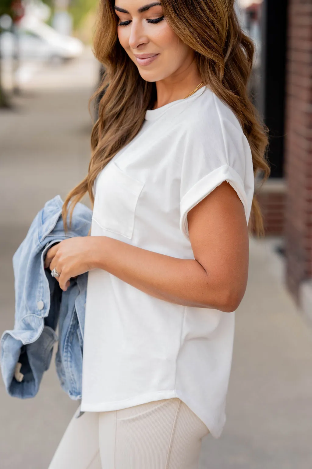 Pocket Accented Cuffed Sleeve Tee