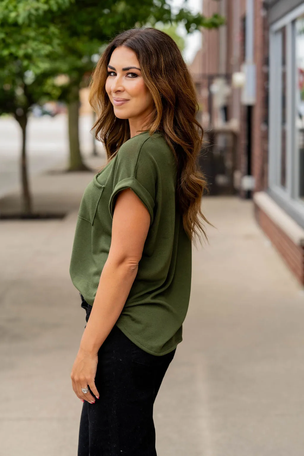 Pocket Accented Cuffed Sleeve Tee