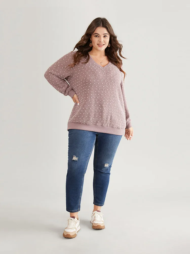 Polka Dot Textured V Neck Rib Knit Sweatshirt