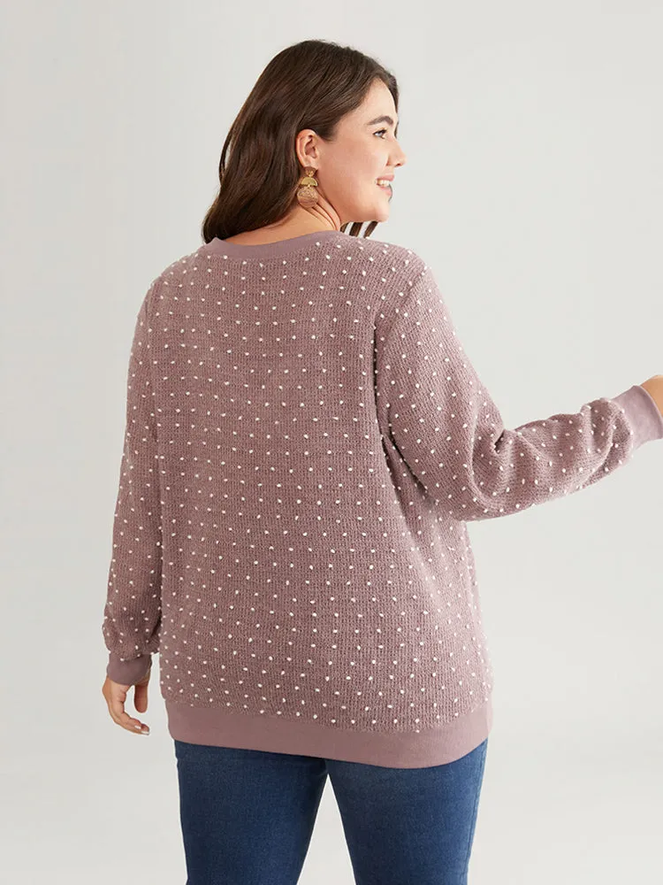 Polka Dot Textured V Neck Rib Knit Sweatshirt