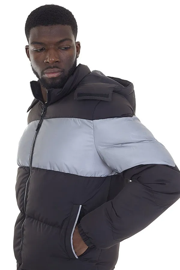REFLECTIVE PANEL BLACK PADDED PUFFER JACKET