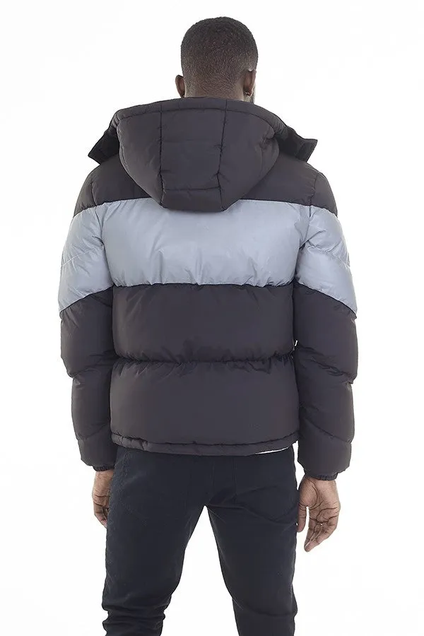 REFLECTIVE PANEL BLACK PADDED PUFFER JACKET