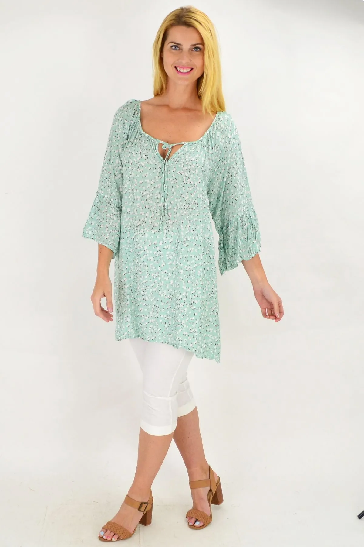 Sage Green Spots & Dots Crinkle Tunic Top